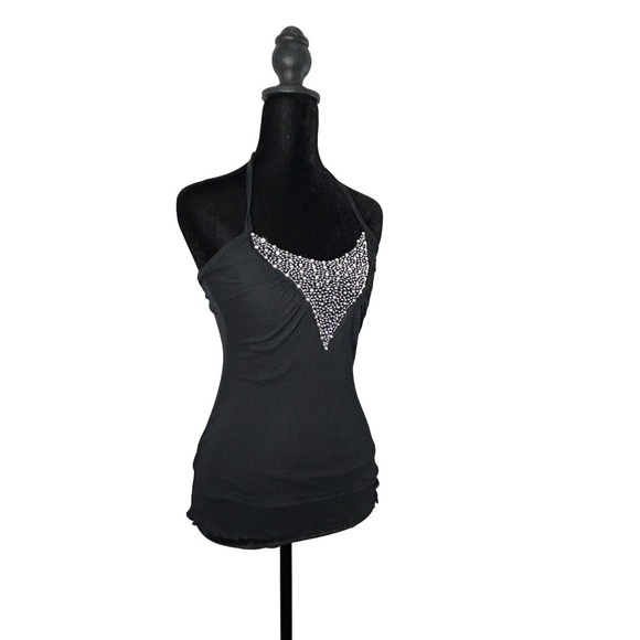 Banana Olive Tops - Banana Olive Y2K Black Rhinestone beaded Halter Top Medium Made in USA